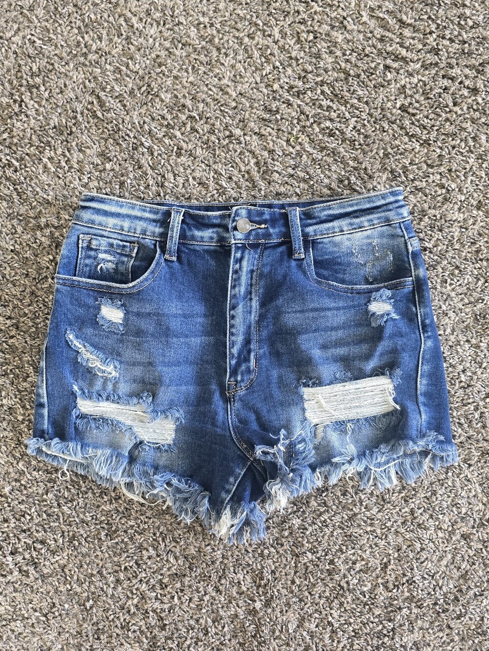Pink Lily High-Rise Frayed Hem Distressed Denim Shorts - Blue